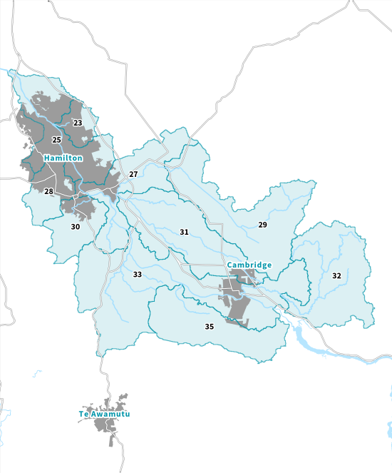 Image of a map showing all Middle Waikato river catchments