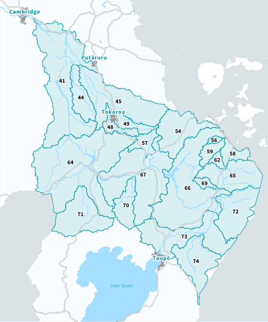 Image of a map showing all Upper Waikato river catchments