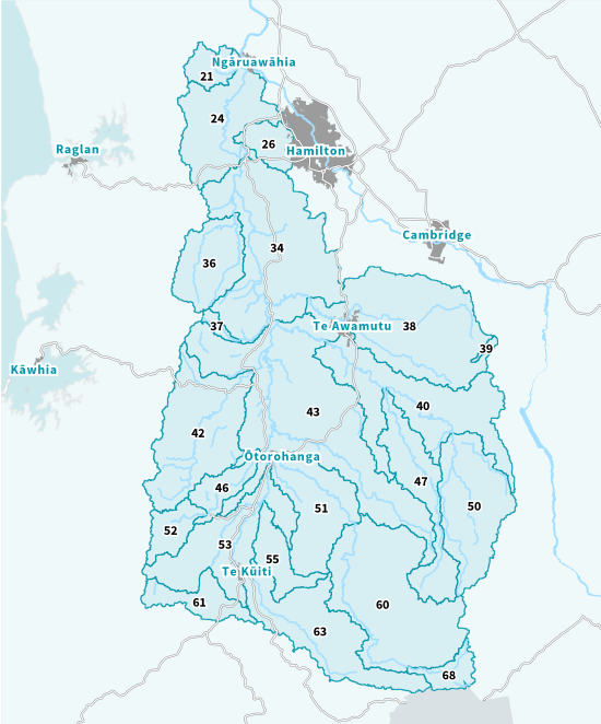 Image of a map showing all Waipā river catchments