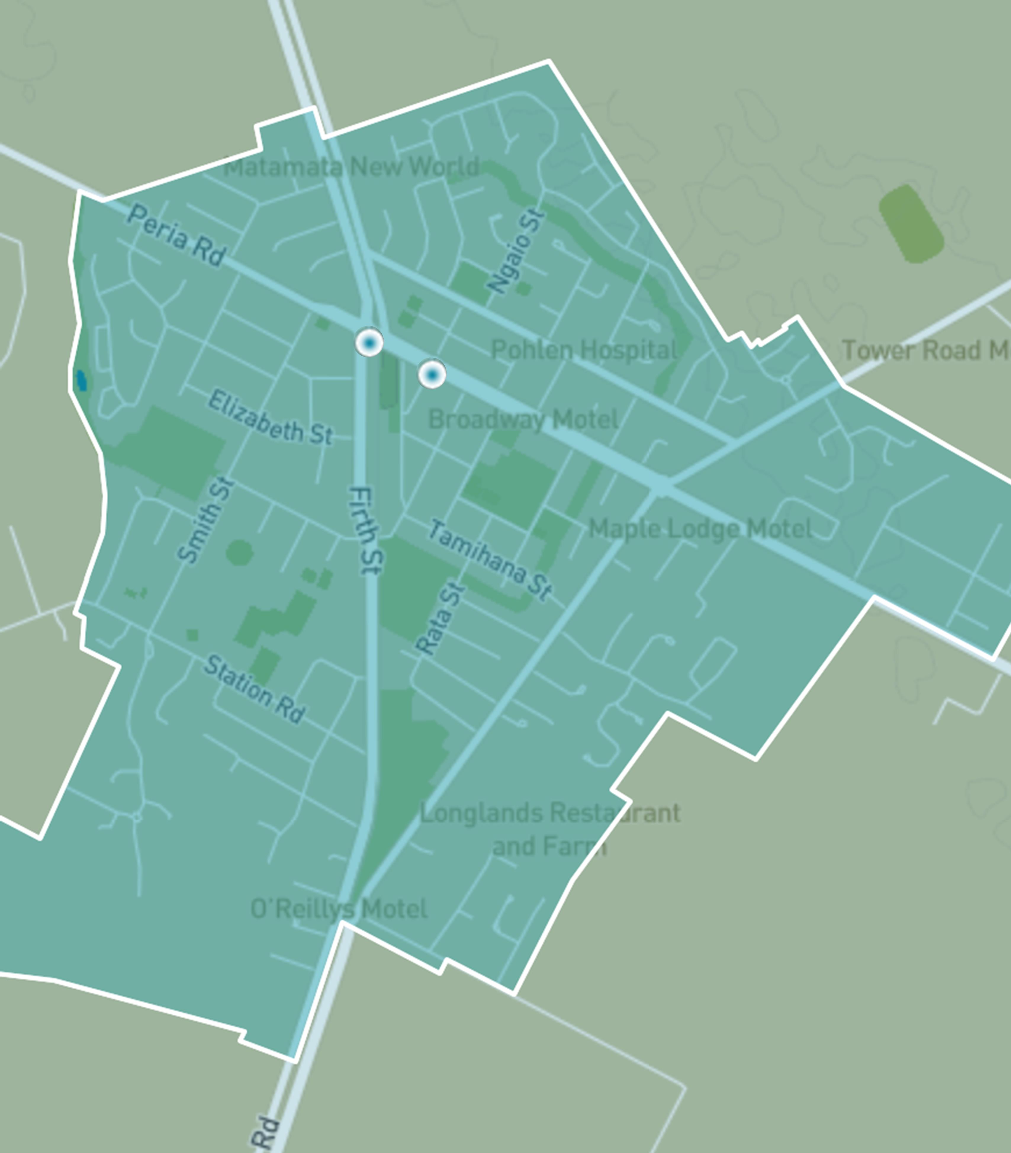 Map showing Waikato Regional Council's NO2 monitoring sites in Matamata