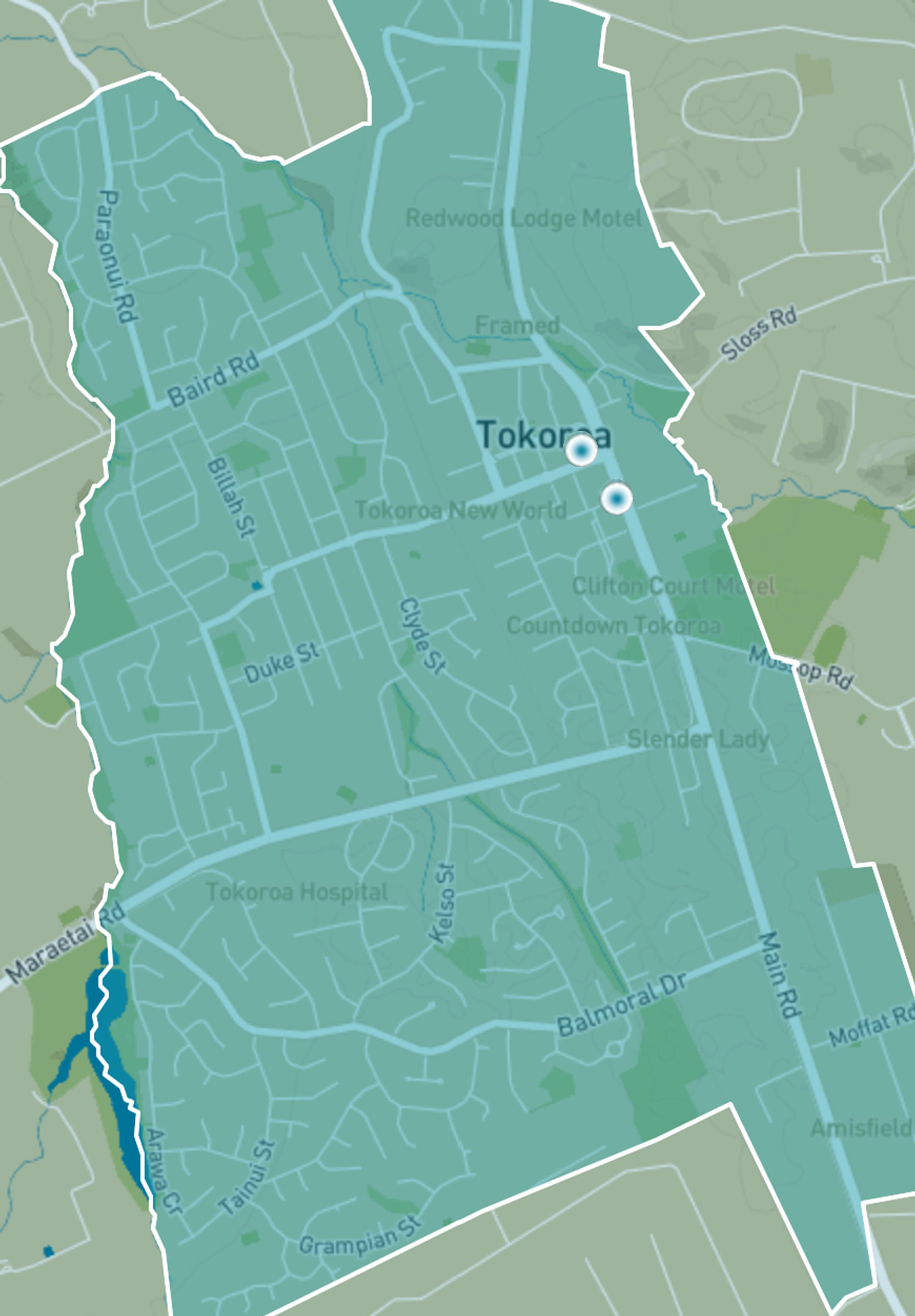 Map showing Waikato Regional Council's NO2 monitoring sites in Tokoroa