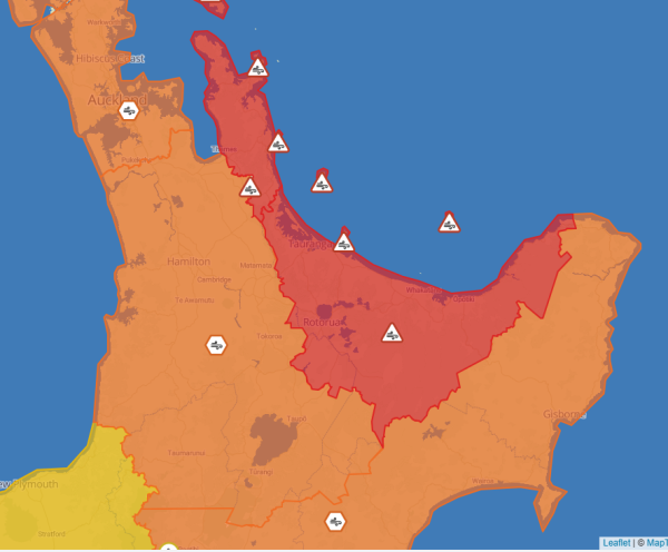 MetService map of part of the Waikato region under strong wind warnings and watches