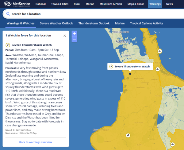MetService map of part of the North Island under a Severe Thunderstorm Watch