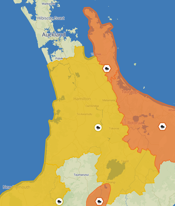 MetService map of part of the Waikato region under severe weather warnings