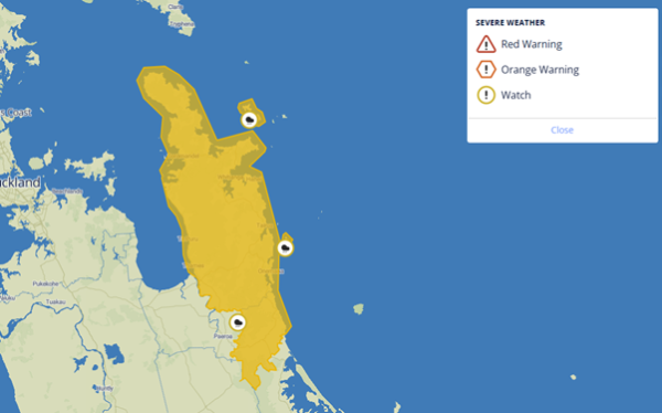 MetService map showing the Coromandel Peninsula under a yellow heavy rain watch