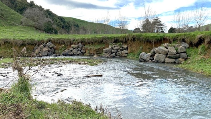 Matahuru Stream rock groynes protecting outside bend