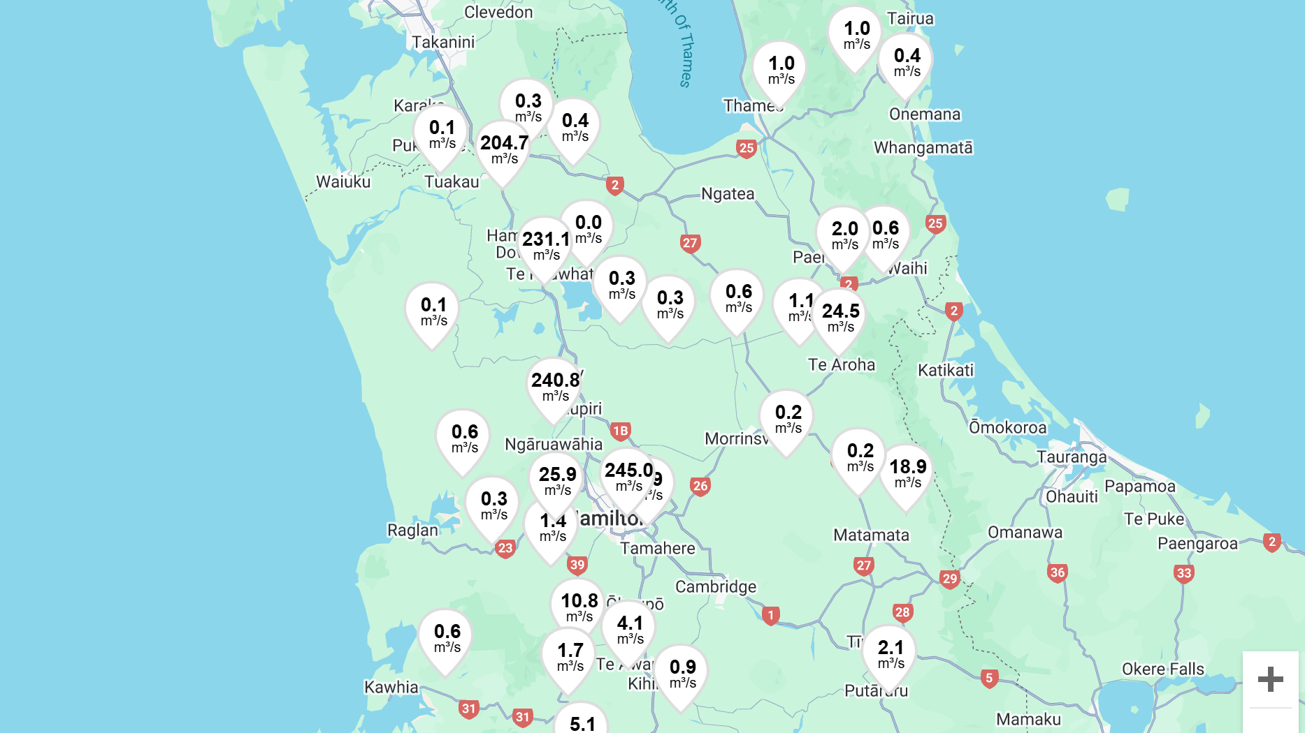 Screenshot of map of region with data pin points along the Waikato.