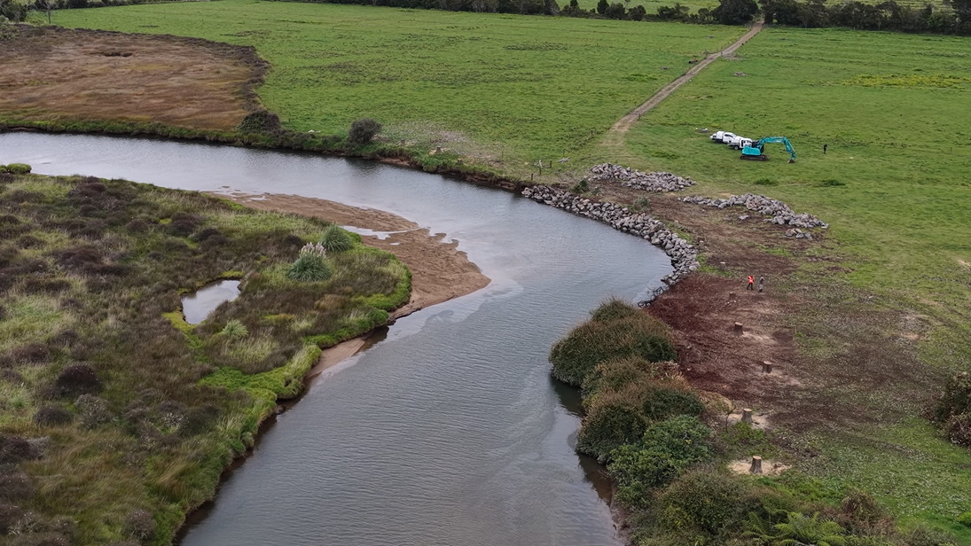 Rock revetment installation at the Wharekawa River