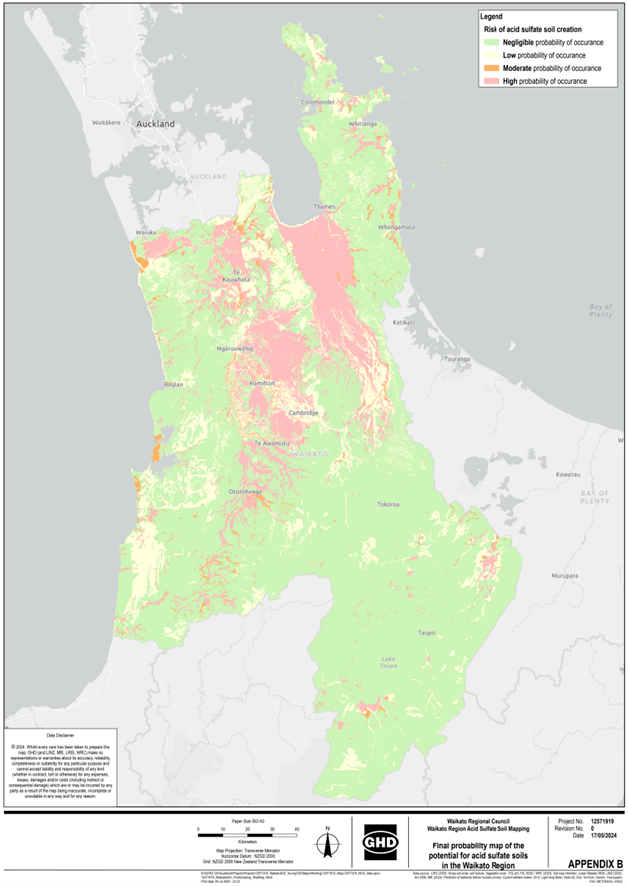 Map - acid sulfate soil probability of occurrence for the Waikato region 