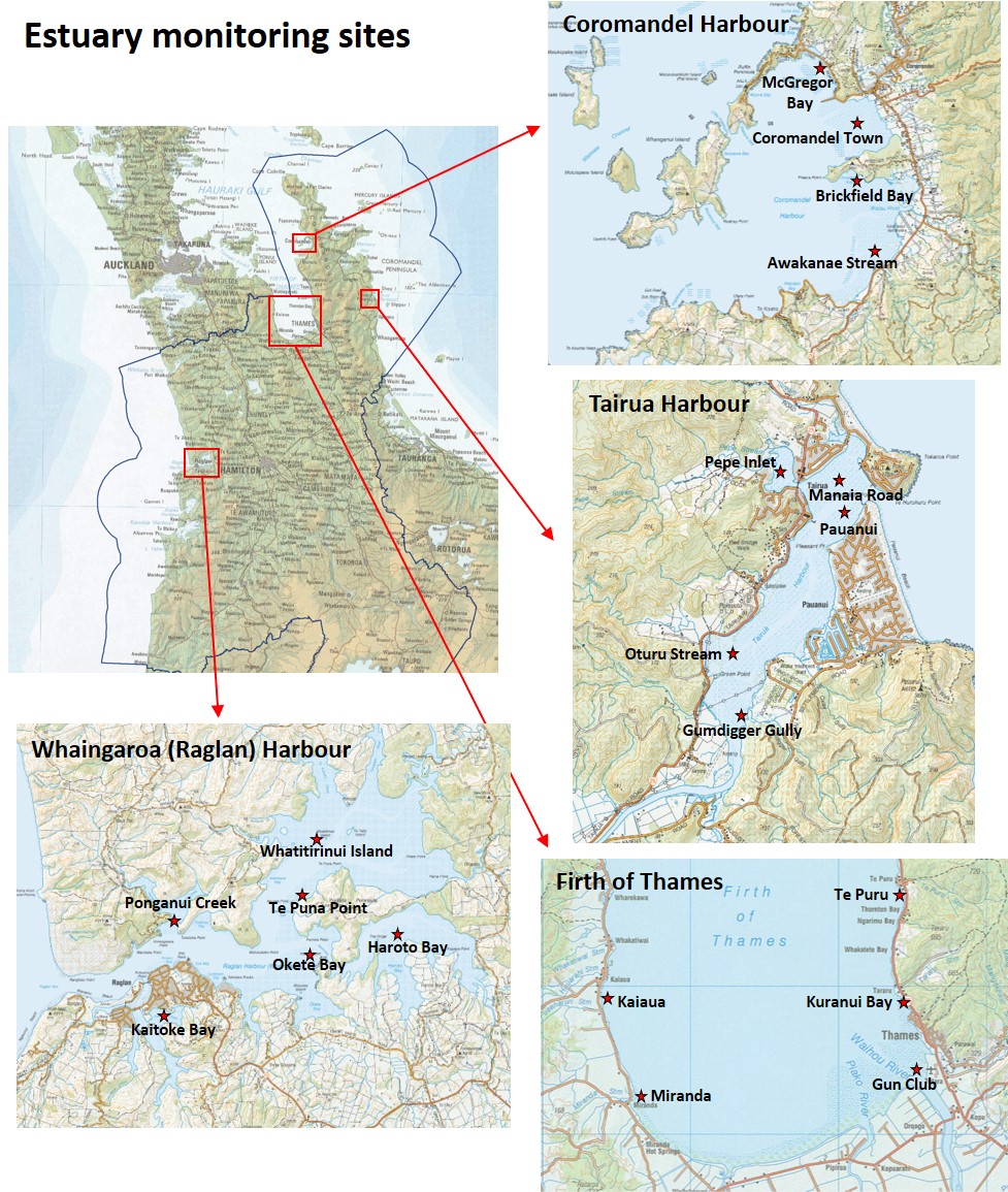 A map of all the estuary monitored sites for 2019