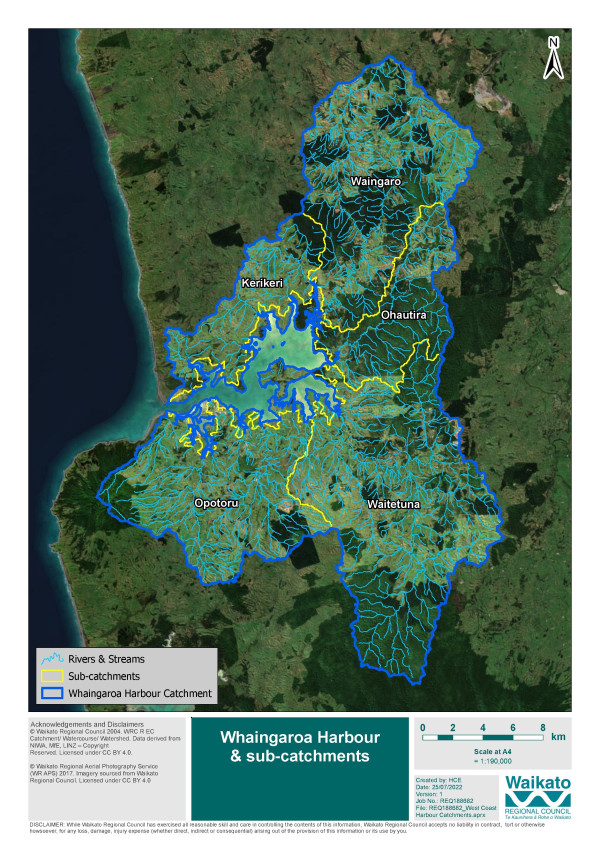 Aerial image of Raglan Whaingaroa Harbour catchment area with sub-regions mapped on top