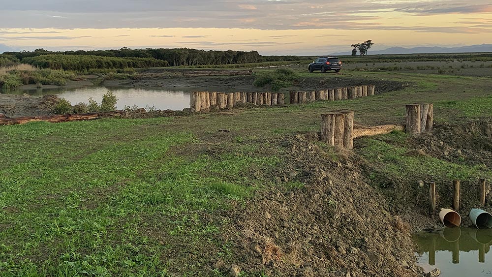 The breach in the non-scheme stopbank has been temporarily repaired to allow the site to dry out to enable project development. 