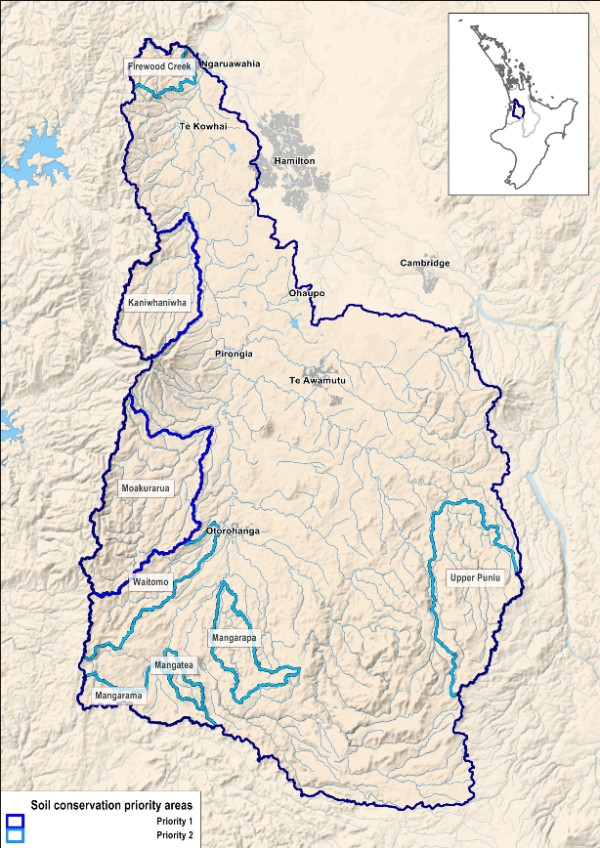 Map showing Wāipa soil conservation areas priority one and two