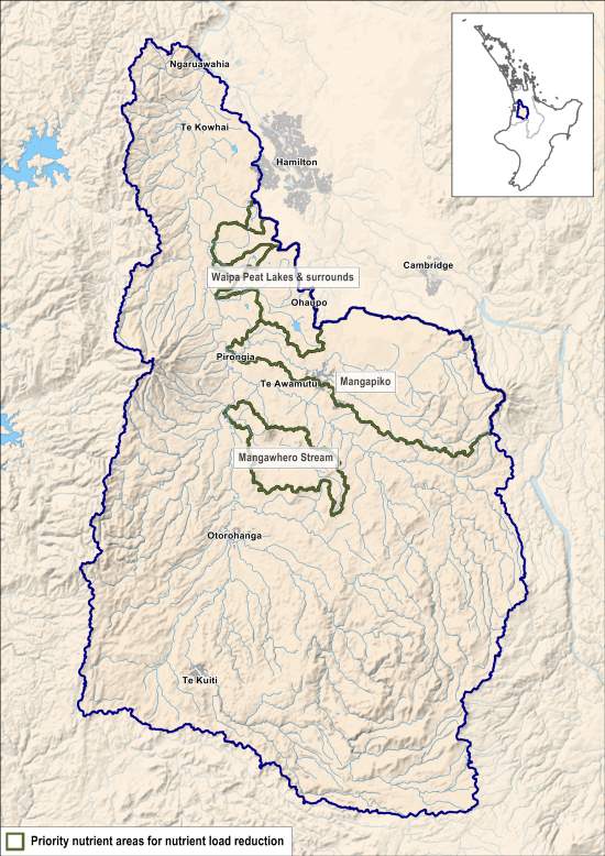 Map showing Wāipa priority areas for nutrient load reduction