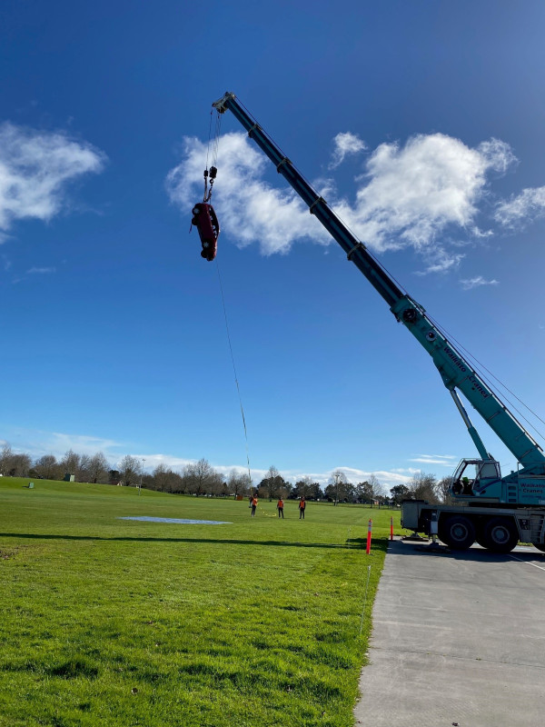 The 2004 Honda Jazz hangs ready to crash 30 metres to the ground.